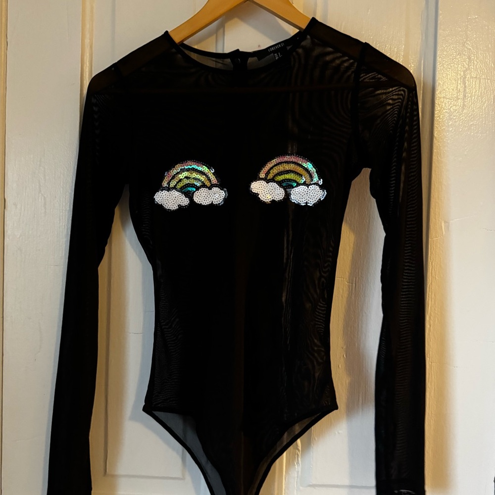 Sheer black bodysuit with sequin rainbow appliqués